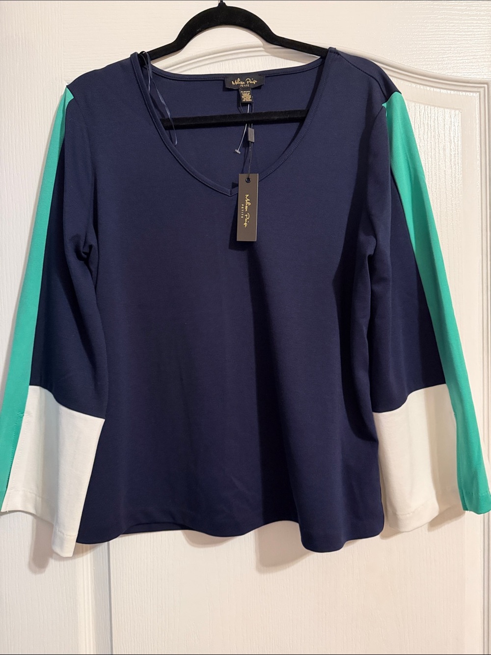 Melissa Paige Navy Long Sleeve Colorblock Top with Teal and White Panels